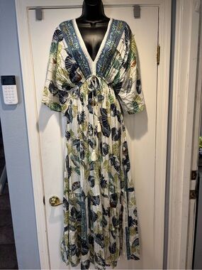 Boho Miami NEW Leaf Print Maxi Dress Vacation Resort OS